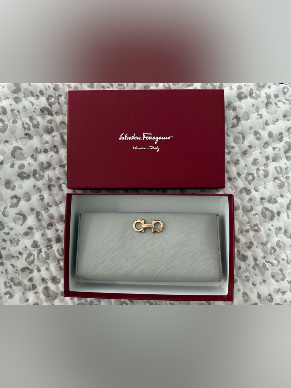 Salvatore Ferragamo Light Gray Gancini Continental Wallet with chain
